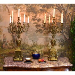 Spectacular Pair Of Candelabras In Neo-gothic Style In Bronze With Six Arms Of Light.