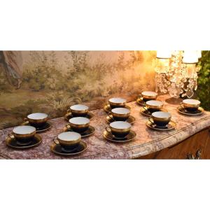 Suite Of 12 Cups And Saucers In Limoges Porcelain, Oven Blue And Gold Inlay