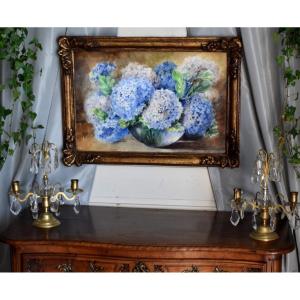 Watercolor, Bouquet Of Flowers "hydrangeas" Carved And Gilded Frame,