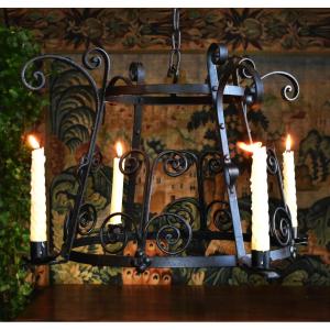 Wrought Iron Chandelier Medieval Style, Haute Epoque, 4 Arms Of Light, Four Candles Lighting