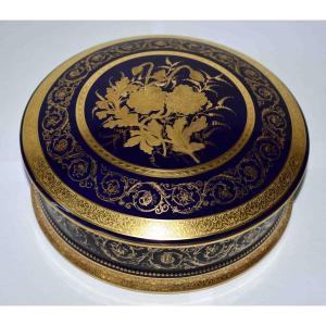 Limoges Porcelain Box, Furnace Blue Bonbonniere, Double Inlay And Gold Paste