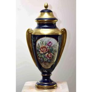 Large Vase In Limoges Porcelain, Pot Covered In Oven Blue And Double Gold Inlay