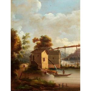 Large Painting, Animated Mountain Landscape, Lake, Aqueduct, Fishermen In Boats, Washerwoman