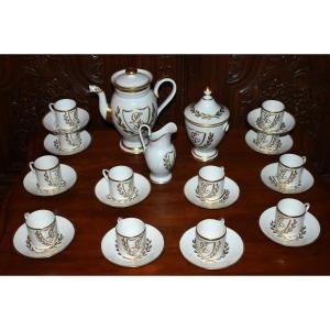 Limoges Porcelain Coffee Service With Laurel Decor And Lg Monogram, Empire Style.