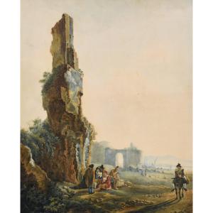 Watercolor After Jan Dirksz Both, Card Players In Front Of Ruins In Italy.