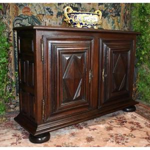 Louis XIII Style Low Buffet In Solid Walnut, With Two Leaves. 2 Diamond Point Doors