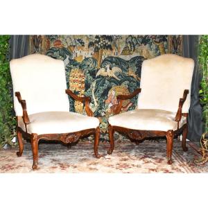 Pair Of Regency Style Armchairs In Solid Walnut