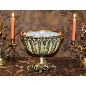 Cracked Earthenware Cup On Bronze Foot, Floral Decor And Godrons