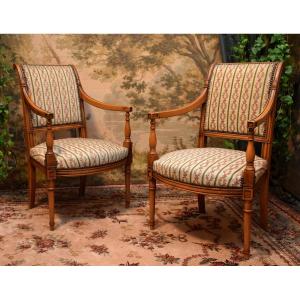 Pair Of Directoire Style Armchairs, Seats With Small Points Tapestry Trim,