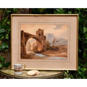 Watercolor, French School From The End Of The 19th Century, Landscape With Animated Ruins And Bridge.