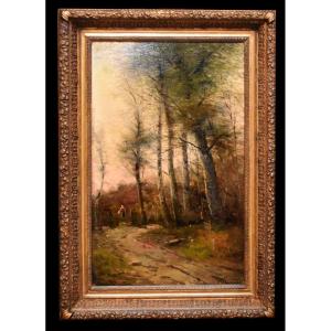 Barbizon School, Paul Armandi, Animated Landscape, Peasant Woman On A Country Road, 19th