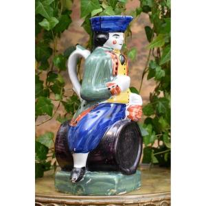 Anthropomorphic Pitcher, Jacquot Pot, Man Sitting On A Barrel, Rodingote And Tricorn, 19th Century