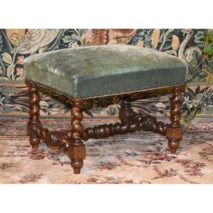 Louis XIII Style Stool, Solid Oak End, 19th Century Twisted Seat,