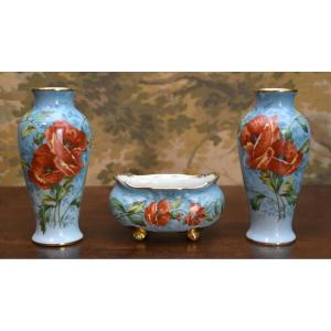 3 Piece Porcelain Trim, A Bowl - Planter And Two Vases Decorated With Poppies