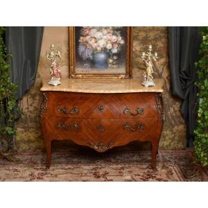 Grande Commode Marquetée De Style Louis XV Estampillée , Début XXe, Dessus Marbre,  Marqueterie