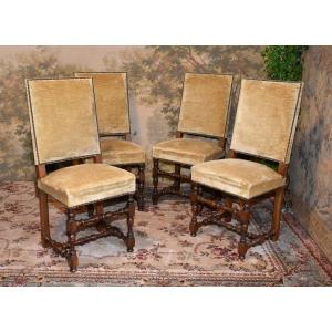 Set Of 4 Louis XIII - Louis XIV Style Chairs In Walnut And High Back Velvet Upholstery 