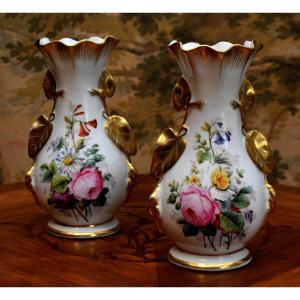 Pair Of Limoges Porcelain Vases With Hand Painted Floral Decoration, Flowers, Roses, Fine Gold