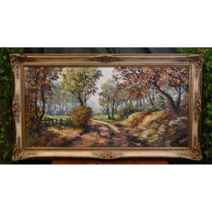 Schillinger Jean Louis , Grand  Tableau Paysage De Campagne, Petit Chemin , Cadre Sculpté 