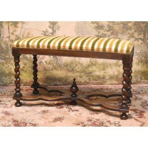 Grand Tabouret De Style Louis XIII, Banquette Pieds Torsade En Noyer,  Bout De Lit, Siège XIXe