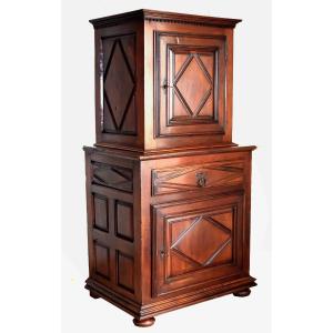 Louis XIII Standing Man In Walnut, Cabinet With Two Superimposed Parts, Diminutive 2-part Sideboard