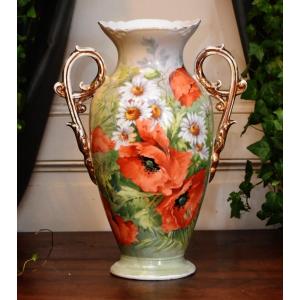 Grand Vase En Porcelaine De Limoges,  Décor Aux Coquelicots Et Marguerites, Peint Main, XIXème 