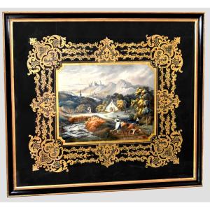 Importante gravure Napoléon III réhaussée en couleur à la main , scène pastorale , XIXe siècle