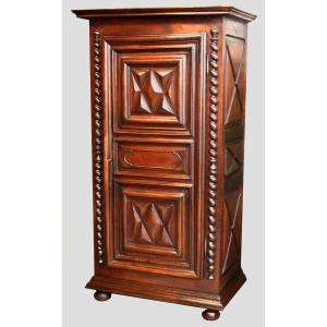 Louis XIII Walnut Bonnetière, Diamond Points, Twisted Columns, Single-door Wardrobe 
