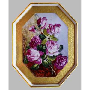 Leroussaud Limoges, Large Decorative Porcelain Dish Hand-painted Decoration, Gold Inlay