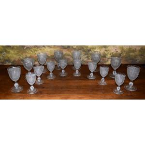 Baccarat Crystal Set Of 16 Wine And Water Glasses, Beveled Diamond Tips, Gondola Shape