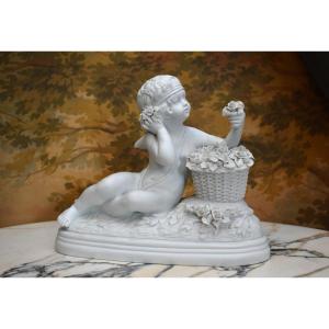 White Porcelain Biscuit Group After B. Rezl, Statue, Art Deco Cherub Sculpture