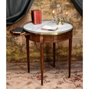 Louis XVI Style Bouillotte Table In Mahogany, White Marble And Brass Gallery, Late 19th Century