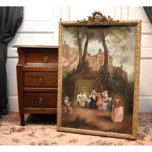 Grand tableau , huile sur toile scène animée ,  Ecole Française du XIXe dans le gout du XVIIIe