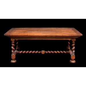 Grande table de salle à manger ou bureau,  style Louis XIII, double torsade, bois de frêne     
