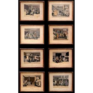 Honoré Daumier, Suite de 8 lithographies en  couleurs  , caricatures sociales vie  au  XIXe,
