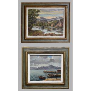 J. Wagner, paire de paysages,  Jura, Suisse, Noirmont. et lac leman ,  borges datés 52