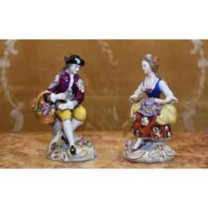 Pair Of Polychrome Porcelain Figurines, Couple From Zitzendorf In Thuringia, Saxony, Germany 