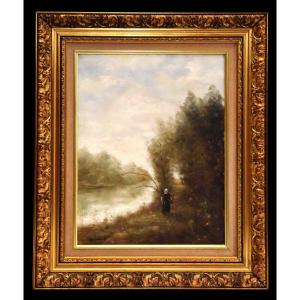 Berthaux, Paysage Animé dans le gout de l'école de  Barbizon,  Bord De Rivière et  sous bois