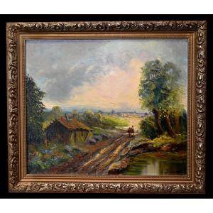 De Beaucourt, Lively Landscape, Country Scene, Carriage On A Country Road  
