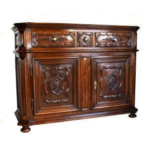 Large Low Walnut Buffet At Seat Height, Late 17th, Early 18th Century  