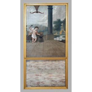 Grand Trumeau XIXe , peinture   Huile Sur Toile Cupidon Forgeant Ses Flèches, tableau Et Miroir