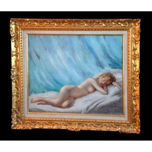 Robert Mahias (1890-1962) Female Nude, Framed Painting, Young Nude Woman, Lying Down.
