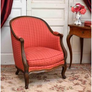 Louis XV Style Gondola Bergère Chair In Natural Waxed Wood With Recent Upholstery.