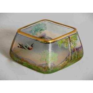 Art Nouveau Style Bowl Or Trinket Dish In Acid-etched Glass Paste, Depicting A Landscape And Ducks