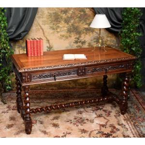 Louis XIII Style Desk With Twisted Legs In Solid Oak, Center Table, 19th Century