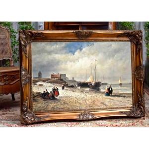 Large Landscape Painting Of Brittany, Lively Seaside Scene, Beach, People, Fishing Boats 