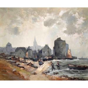 Albert Hirtz, Seascape, Return From Fishing, Small Port In Brittany, Seaside Village