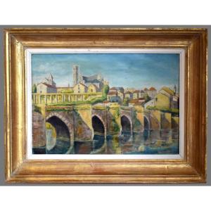  Pont Saint Etienne à Limoges par R. Taillandier XIX - XX , Paysage, Huile Sur Toile Cadre Doré