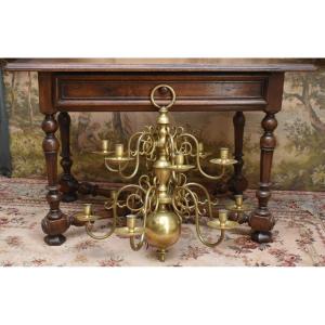 Dutch Chandelier In Bronze And Brass With 12 Lights On 2 Levels, Candle Lighting