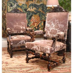 Pair Of Renaissance Style State Armchairs, 19th Century Seats In Solid Walnut, Velvet Fabric