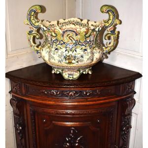 Très Important Cache Pot En Faïence De Desvres, Coupe au  Décor De Rouen, Grand Centre De Table